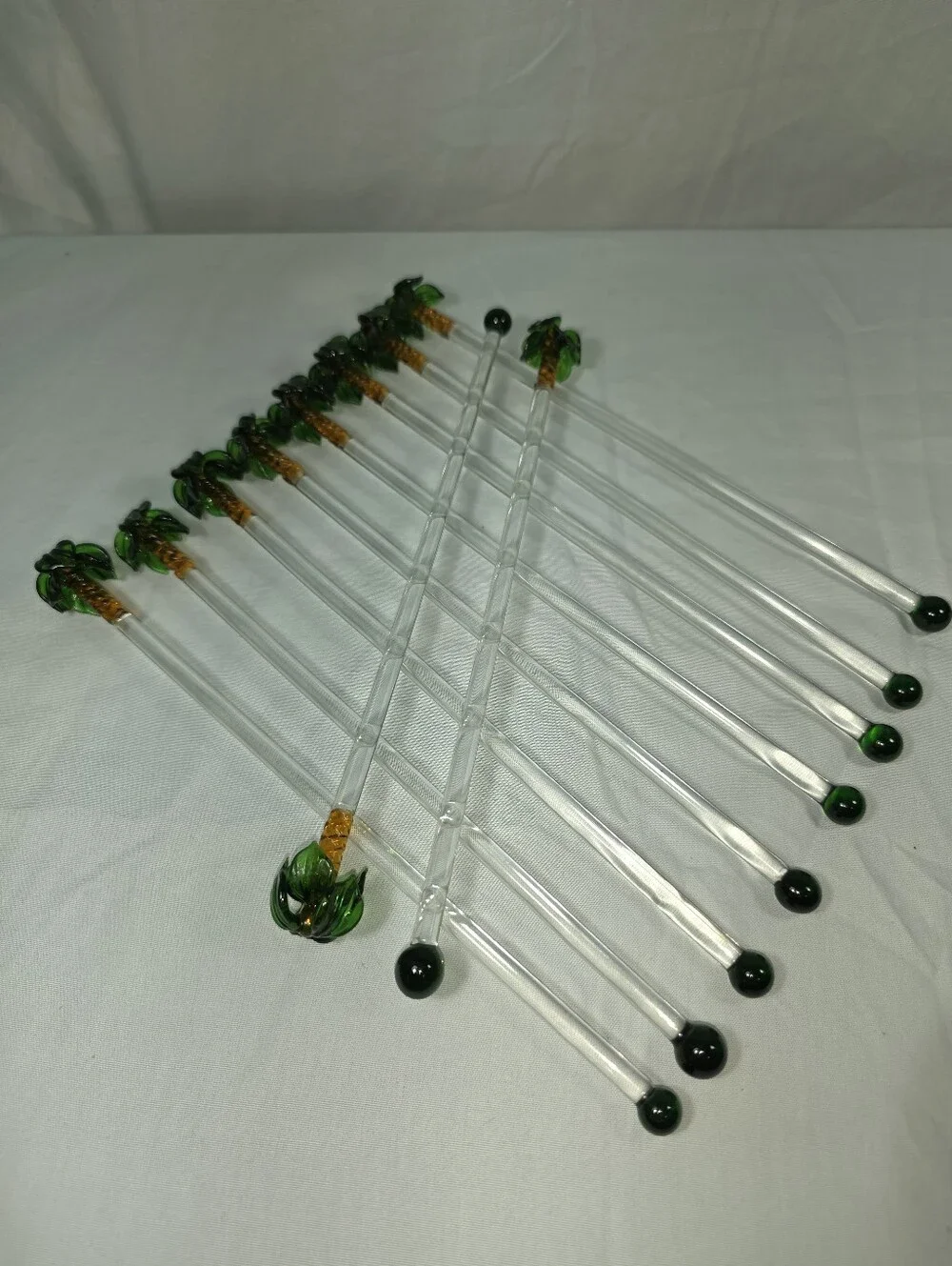 Vintage Hand Blown Glass Palm Tree Cocktail Stir Sticks Tiki Barware Set of 10